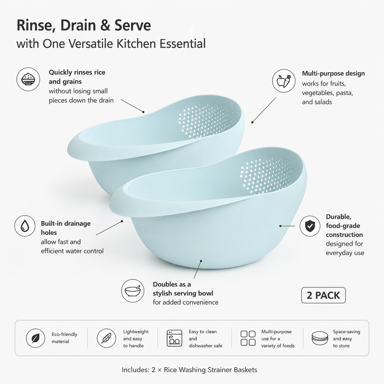 2-Pack Rice Washing Strainers